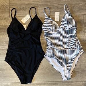 Bundle of 2 Stylish Black and Navy Striped  women one Piece Swimsuit size small